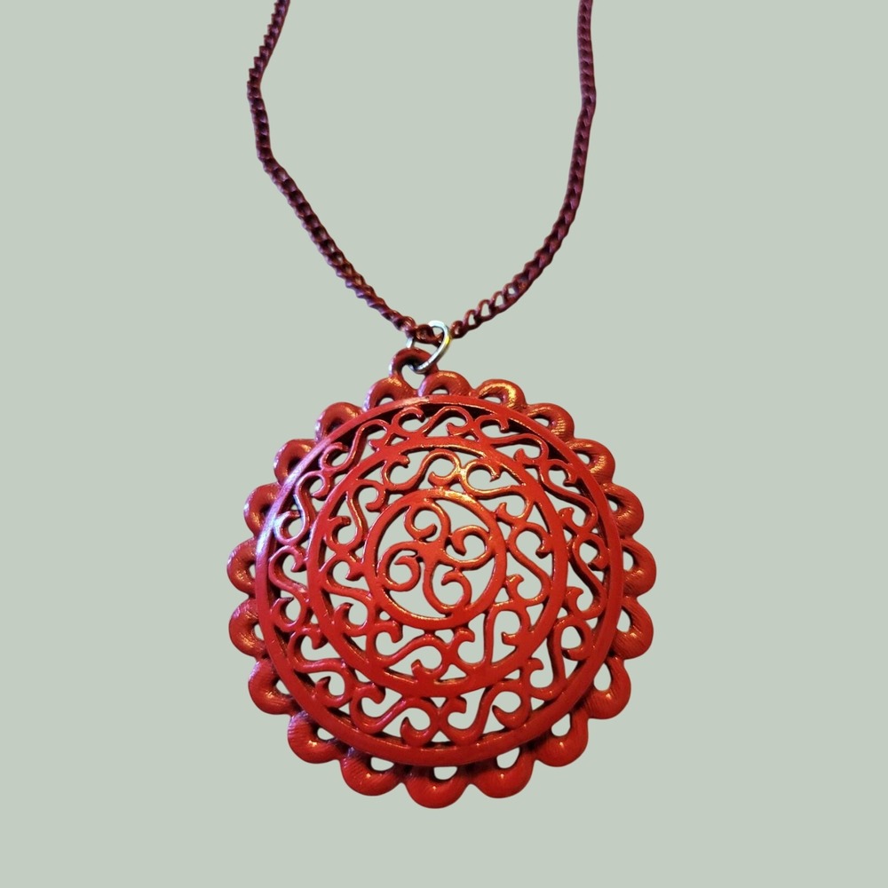 Necklace Vintage Boho Retro Filigree Medallion Pendant Enameled Red